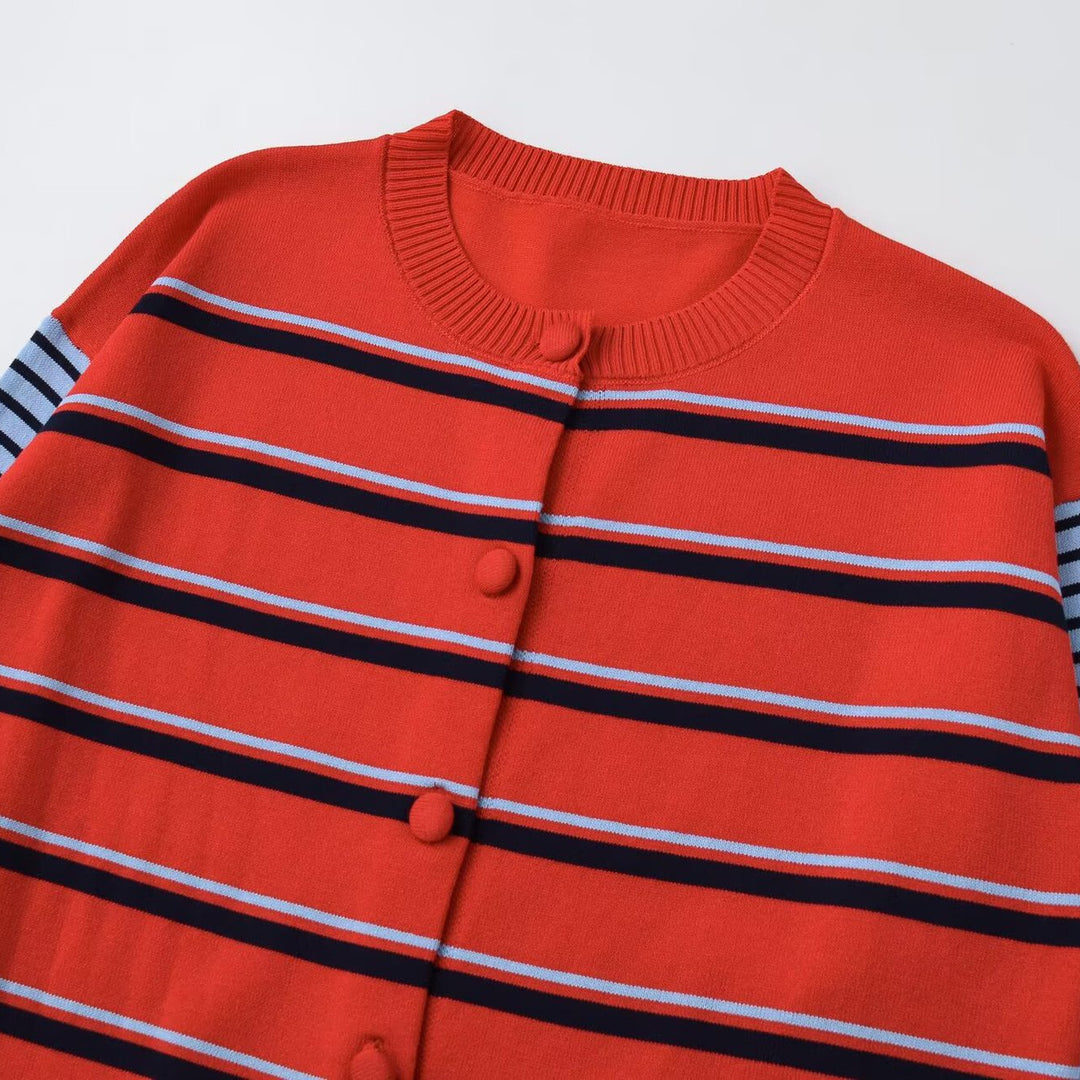 Damen gestreifte Baumwollmix-Strickjacke mit Kontrastärmeln und durchgehender Knopfleiste Echo Archiv