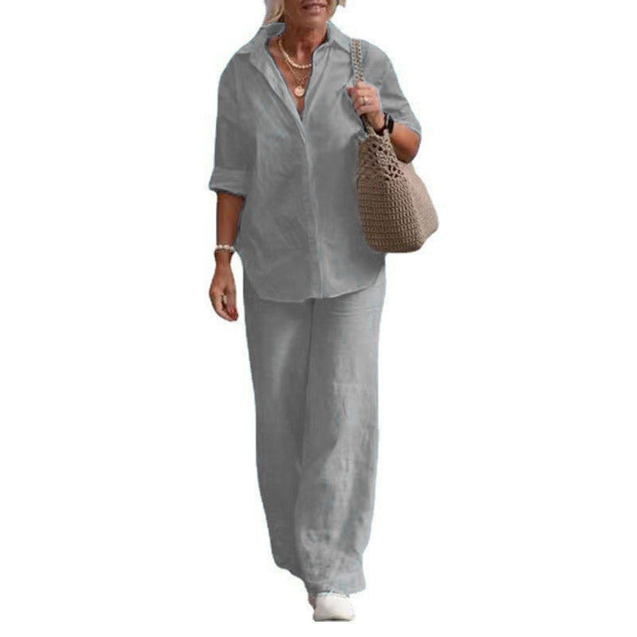 Damen Leichtes Leinen-Optik Zweiteiler mit Oversize-Hemd und weiter Palazzohose Echo Archiv