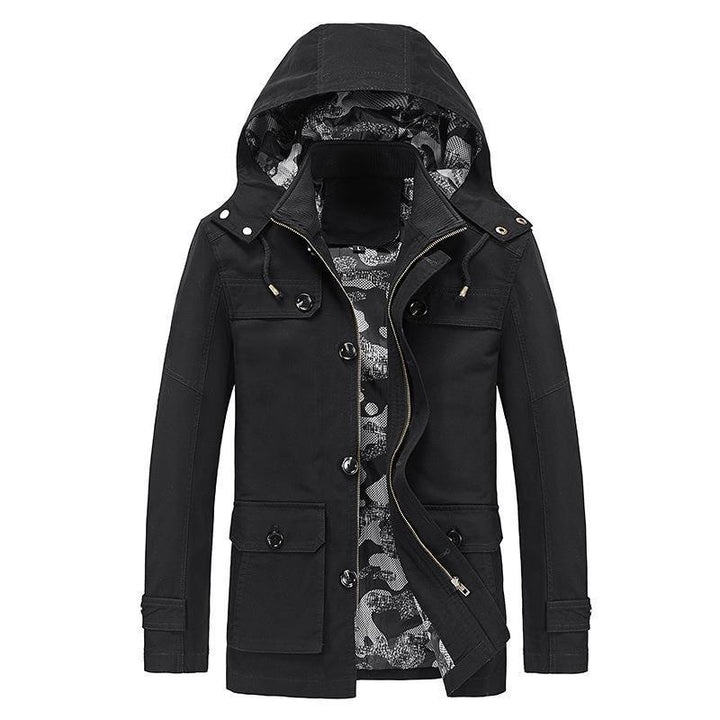 Herren mittellange Canvas-Fieldjacke mit Kapuze, Cargo‑Taschen und Camouflage‑Innenfutter Echo Archiv