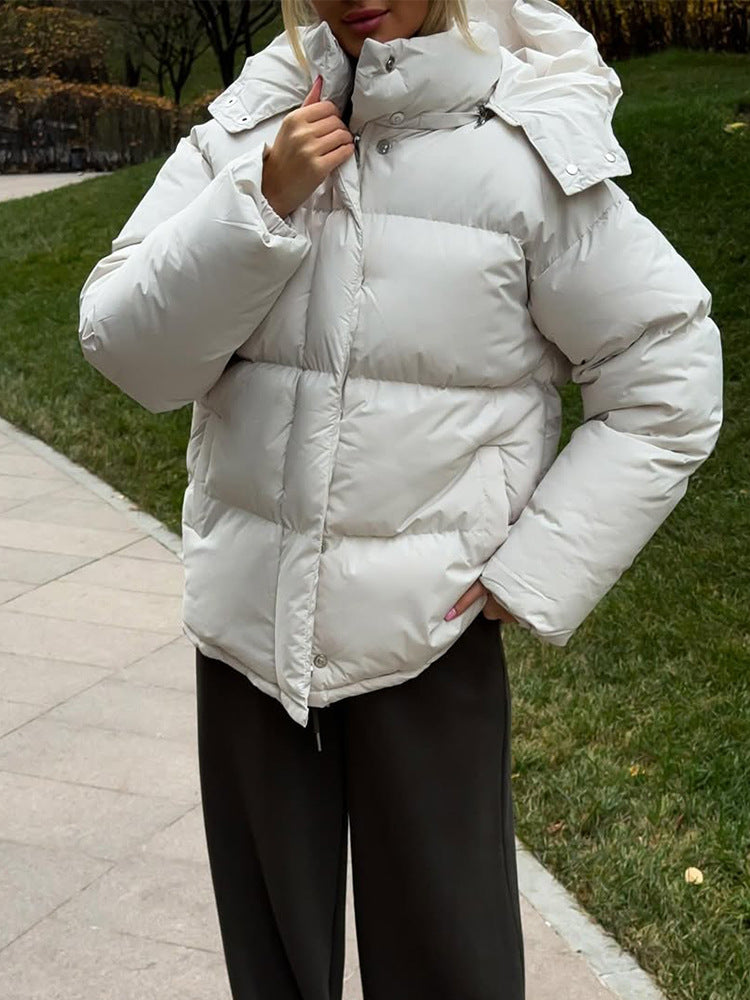Damen Kurze winddichte Stepp‑Pufferjacke mit abnehmbarer Kapuze und hohem Stehkragen Echoarchiv