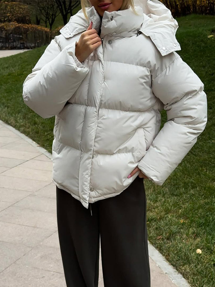 Damen Kurze winddichte Stepp‑Pufferjacke mit abnehmbarer Kapuze und hohem Stehkragen Echoarchiv