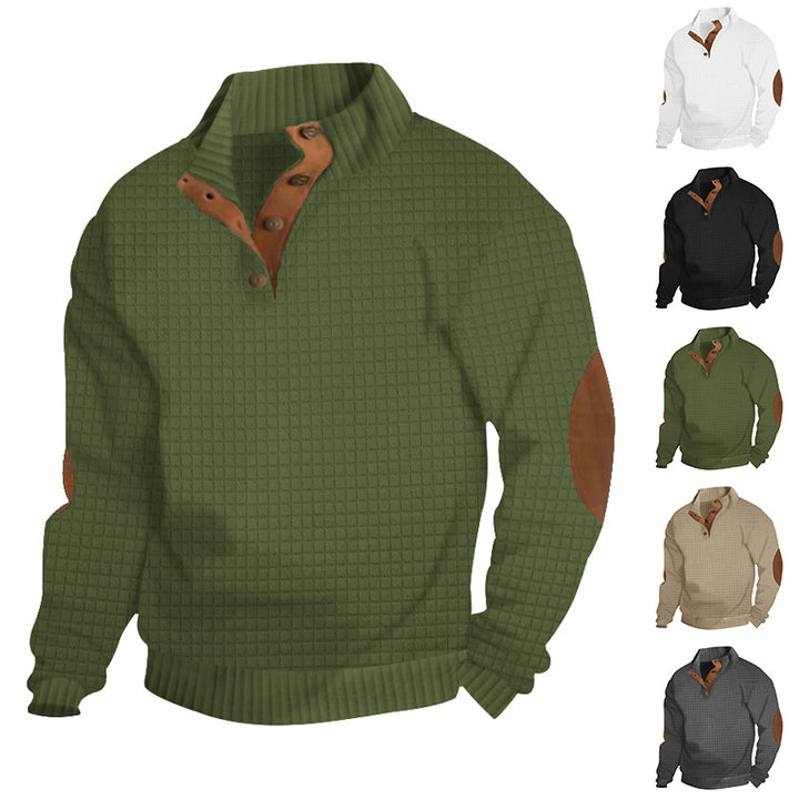 Herren Strukturiertes Waffelstrick-Henleypullover mit Lederbesatz & Ellbogenpatches – Marzano