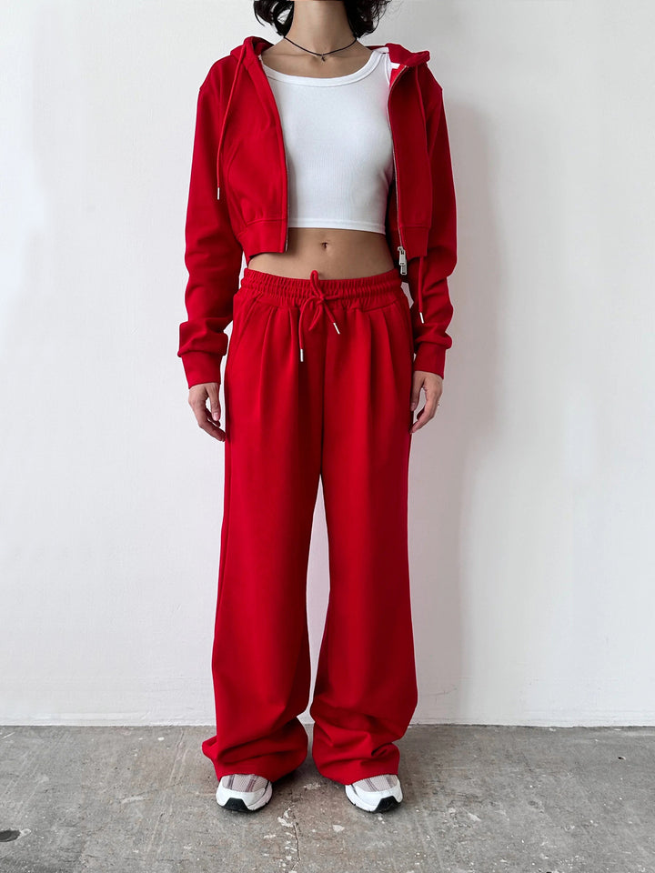 Damen kurzes Zip-Kapuzenjacken- und High-Waist Wide-Leg Jogginghose Set aus weichem French Terry – Élanora