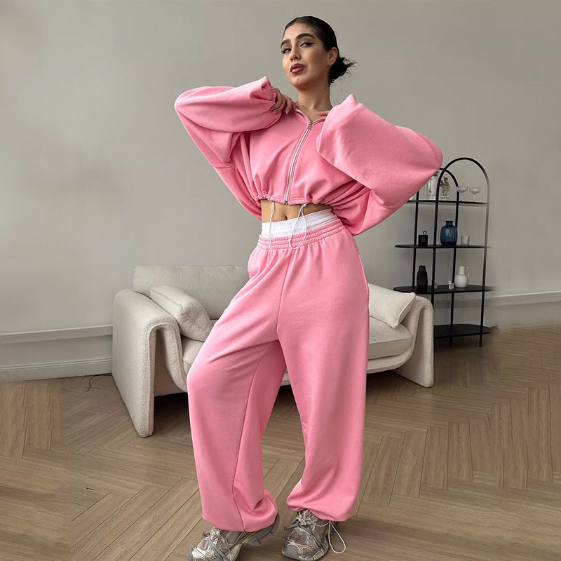 Damen nan cropped Reißverschluss-Hoodie mit Tunnelzugsaum und weitem Sweatpants-Schnitt Echo Archiv