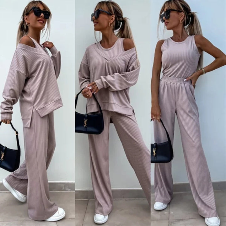 Damen Loungewear-Set aus geripptem Feinstrick mit Off-Shoulder-Pullover und weiter Palazzo-Hose – Élanora