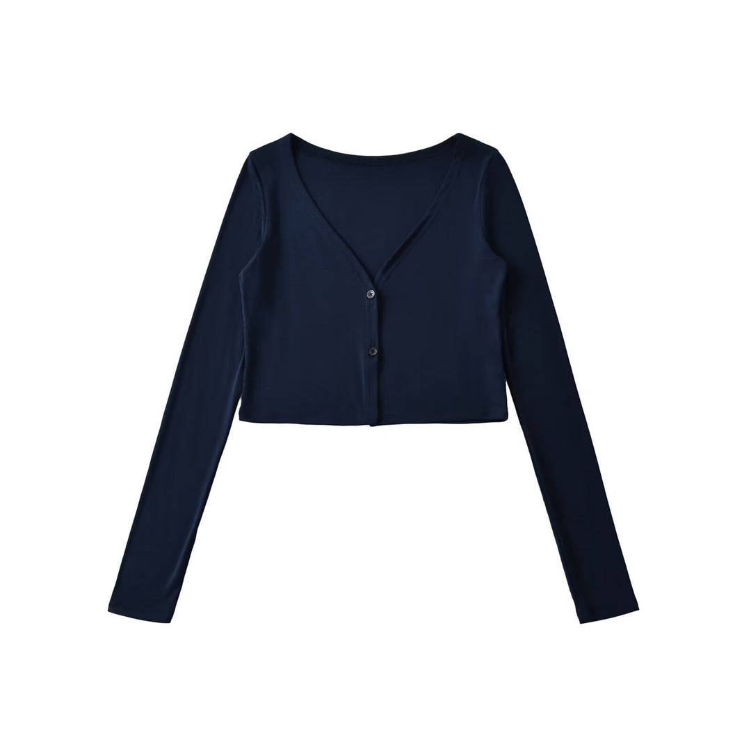 Damen Cropped Jersey-Cardigan mit tiefem V-Ausschnitt und schmaler Knopfleiste Echoarchiv