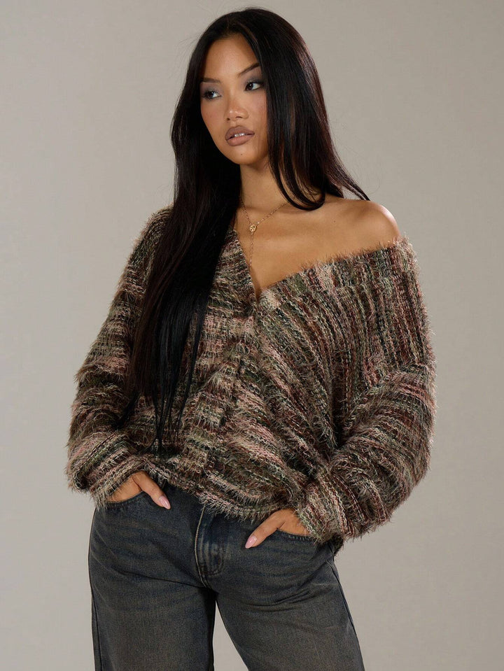 Damen Oversize-Flauschpullover mit weitem Carmen‑Ausschnitt und melierter Strickstruktur Echo Archiv