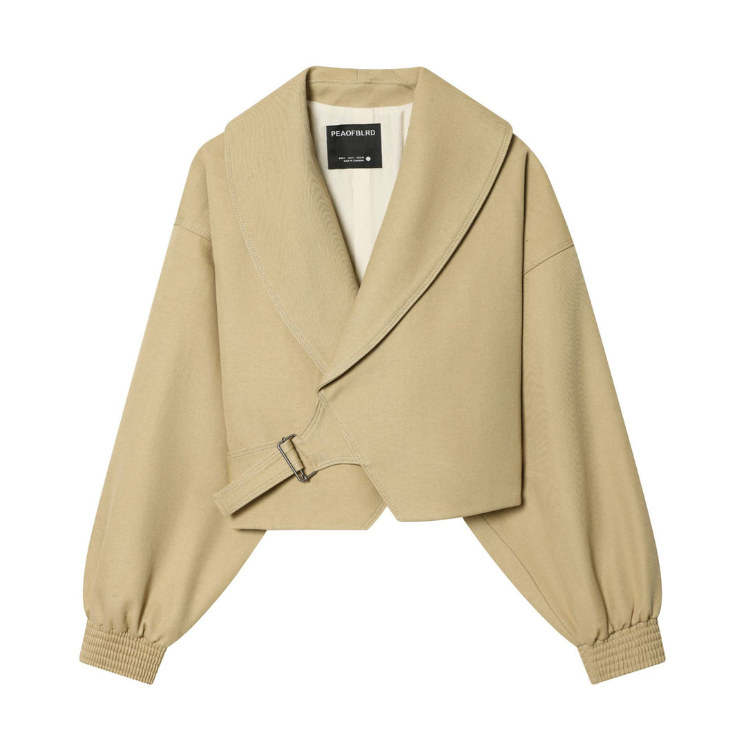 Damen kurze Wickeljacke mit großem Schalkragen, Taillengürtel und Ballonärmeln – Célinea