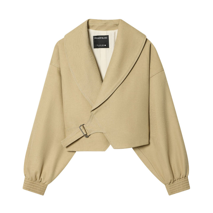 Damen kurze Wickeljacke mit großem Schalkragen, Taillengürtel und Ballonärmeln – Célinea