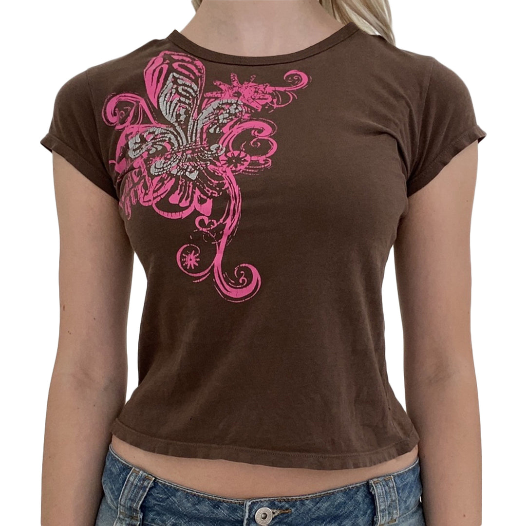 Damen lässiges Grafik-Crop-Top mit Rundhals-Ausschnitt Echo Archiv