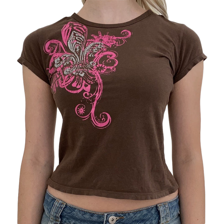 Damen lässiges Grafik-Crop-Top mit Rundhals-Ausschnitt Echo Archiv