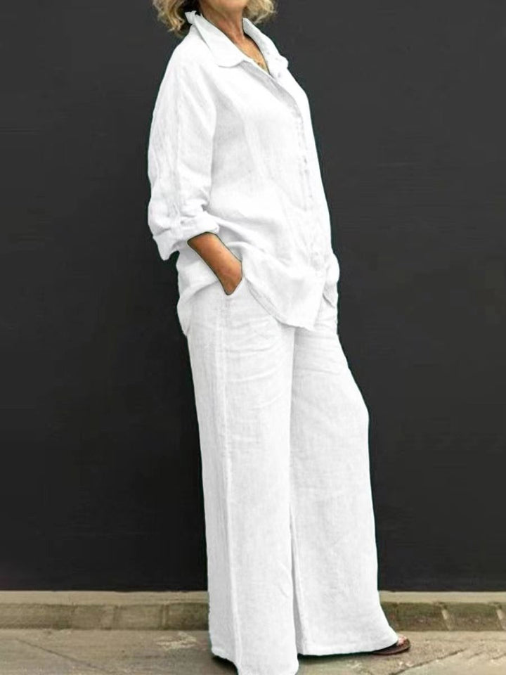 Damen Leichtes Leinen-Loungewear-Set mit Oversized-Hemd und weiter Palazzo-Hose Echo Archiv