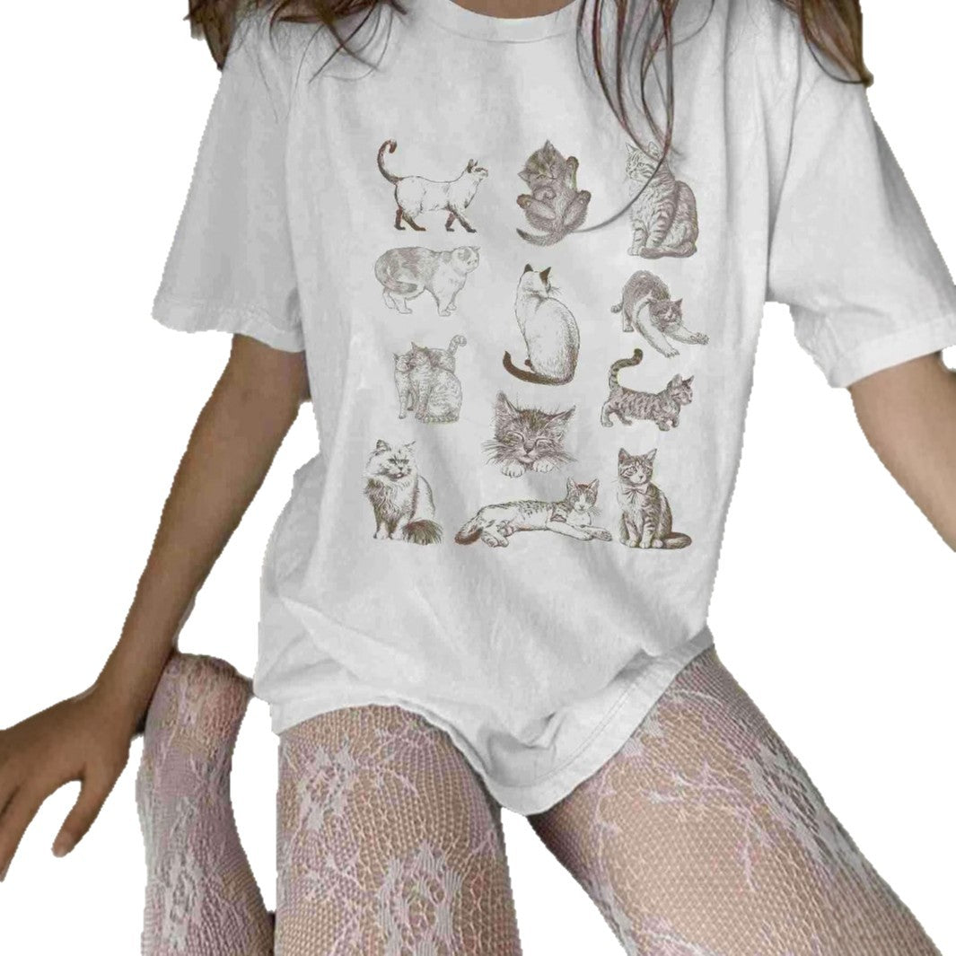 Damen T-Shirt mit künstlerischem Katzenmotiv und lässigem Schnitt Echo Archiv