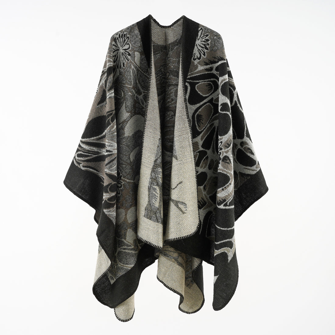 Damen Wollmix‑Jacquard‑Umhang mit offener Kimono‑Silhouette – Montévia