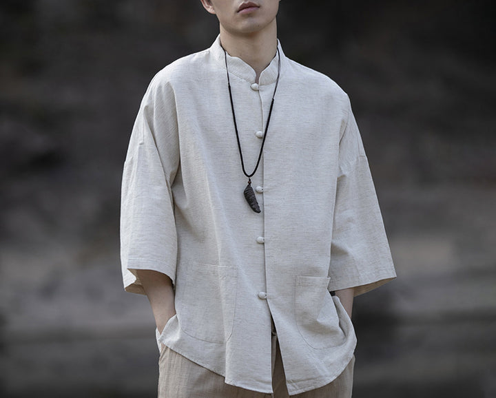 Herren Oversize Hemd im Kimono-Stil aus Leinen-Baumwollmix mit Stehkragen Echoarchiv