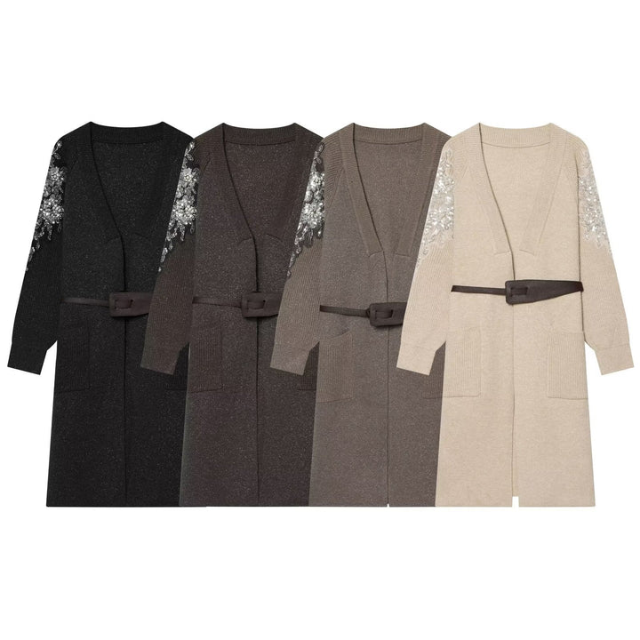 Damen Lange Strickmantel-Cardigan mit Taillengürtel und Paillettenärmeln Echo Archiv