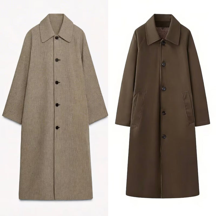 Damen langer minimalistischer Trenchcoat mit kariertem Innenfutter Echo Archiv