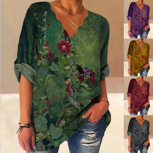 Damen Lockere Bluse mit Welligem V-Ausschnitt und Aquarell Floral Print – Élovi