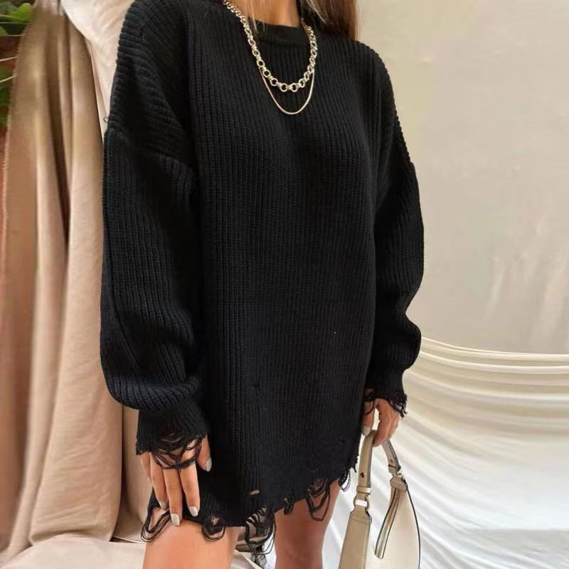 Damen Oversize Grobstrick-Minikleid mit Destroy-Effekt und Rundhalsausschnitt – Élara