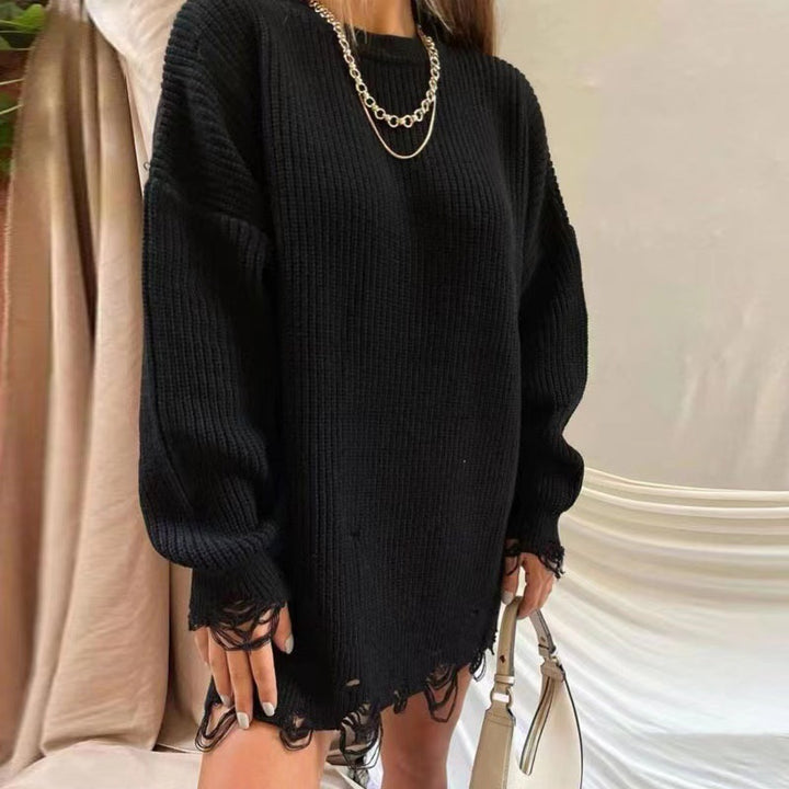 Damen Oversize Grobstrick-Minikleid mit Destroy-Effekt und Rundhalsausschnitt – Élara