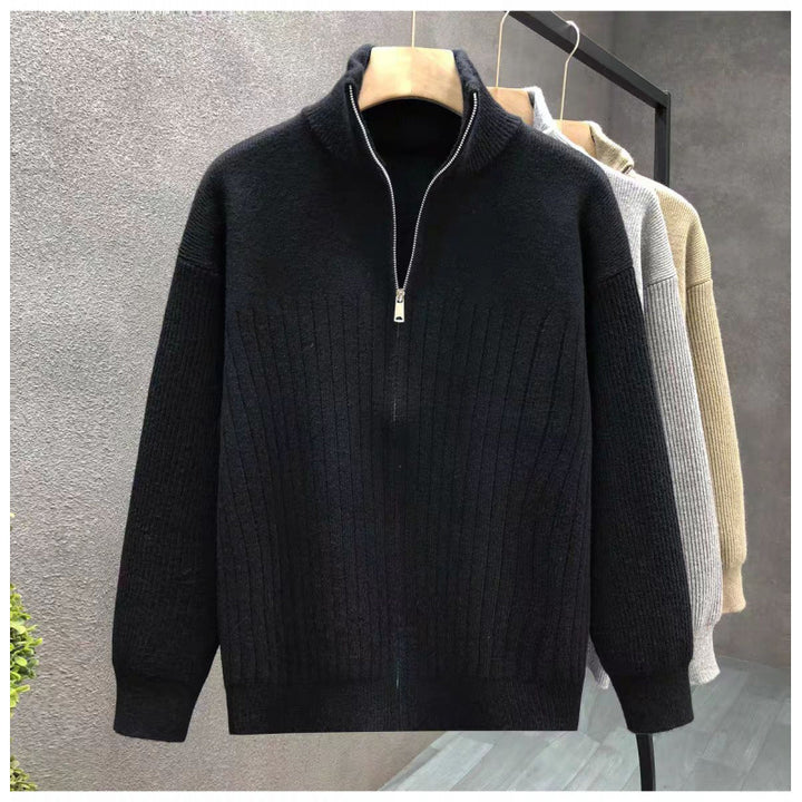 Herren Oversize Feinstrick-Pullover mit halbem Reißverschluss und markanter Rippenstruktur Echoarchiv
