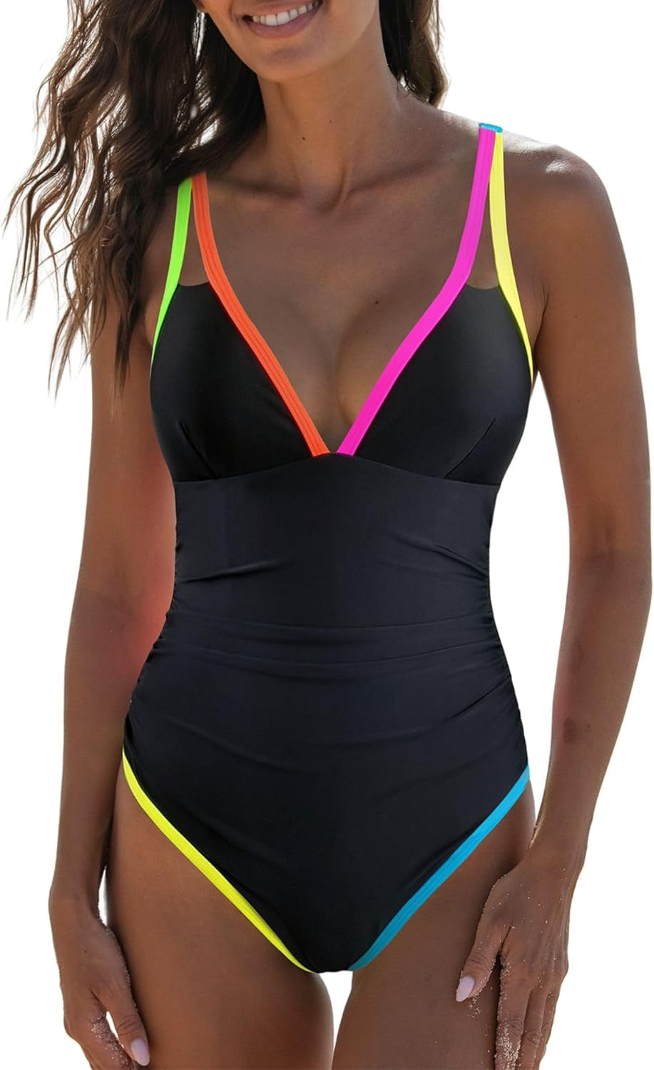 Damen Sportlicher Schwimmanzug mit tiefem V-Ausschnitt und bunten Akzenten Echo Archiv
