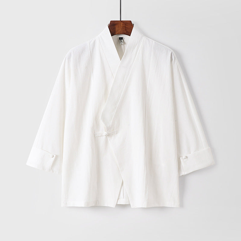 Herren Leinen-Kimono-Jacke mit traditionellem Knotenverschluss und mittel-langen Ärmeln Echoarchiv