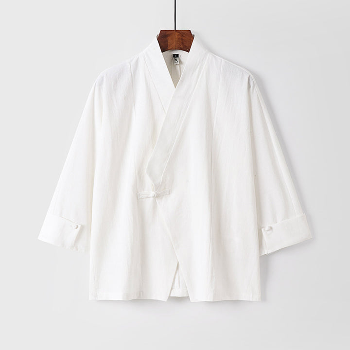 Herren Leinen-Kimono-Jacke mit traditionellem Knotenverschluss und mittel-langen Ärmeln Echoarchiv