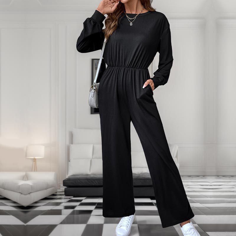 Damen Lässiger Einteiler mit elastischer Taille, Seitentaschen und weitem Bein Echoarchiv