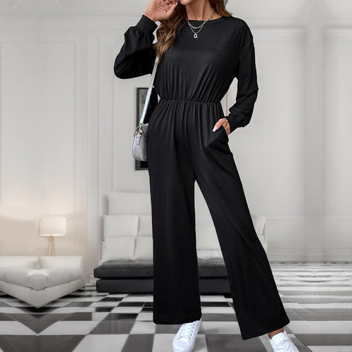Damen Lässiger Einteiler mit elastischer Taille, Seitentaschen und weitem Bein Echoarchiv