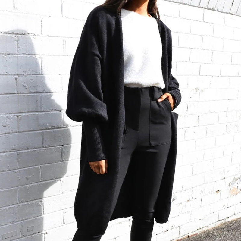 Damen Oversize-Longcardigan mit Volumenärmeln, offener Front und Eingrifftaschen Echoarchiv