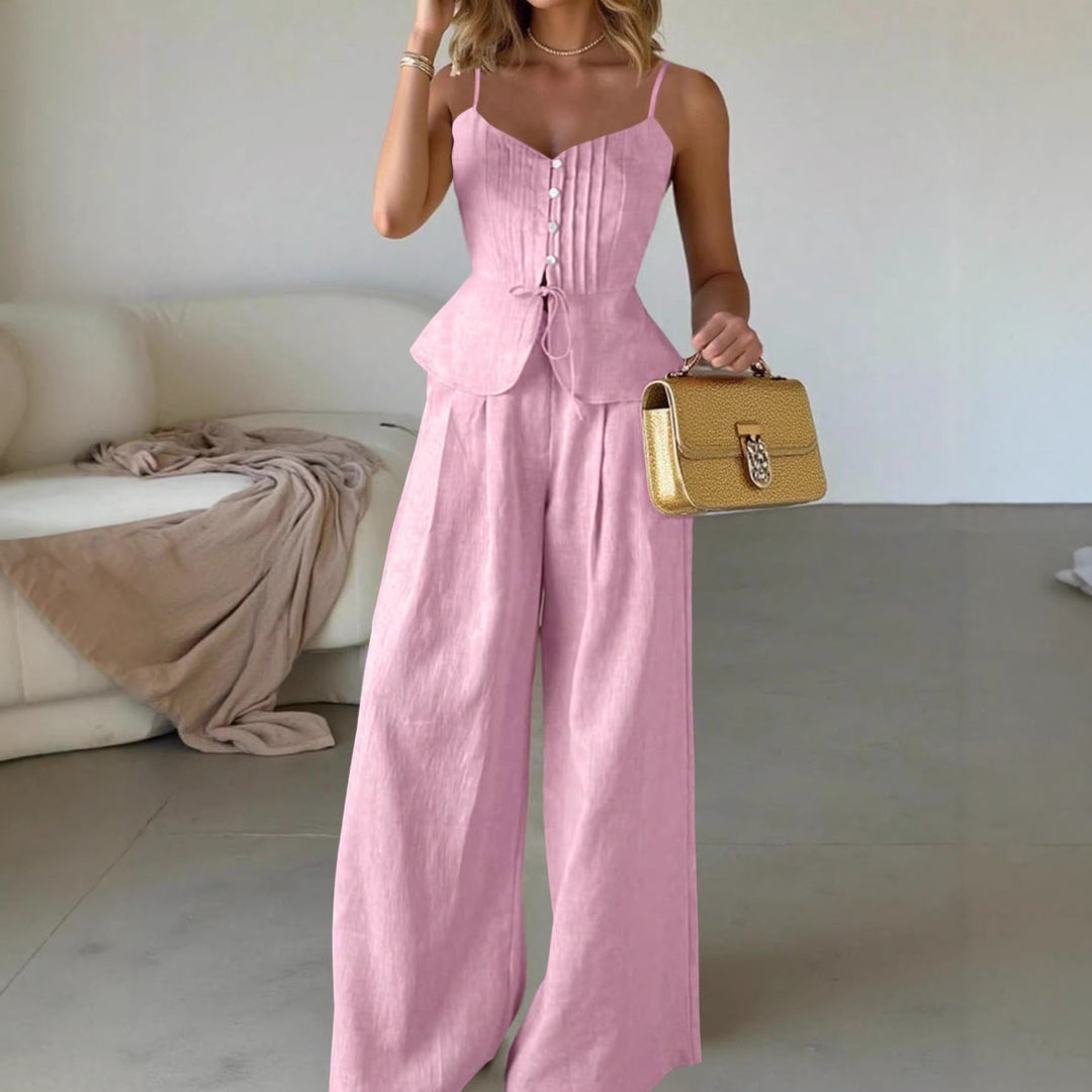 Damen Zweiteiliges Leinen-Set mit korsettartigem Taillentop, Schößchen und weiter Palazzohose – Élanora