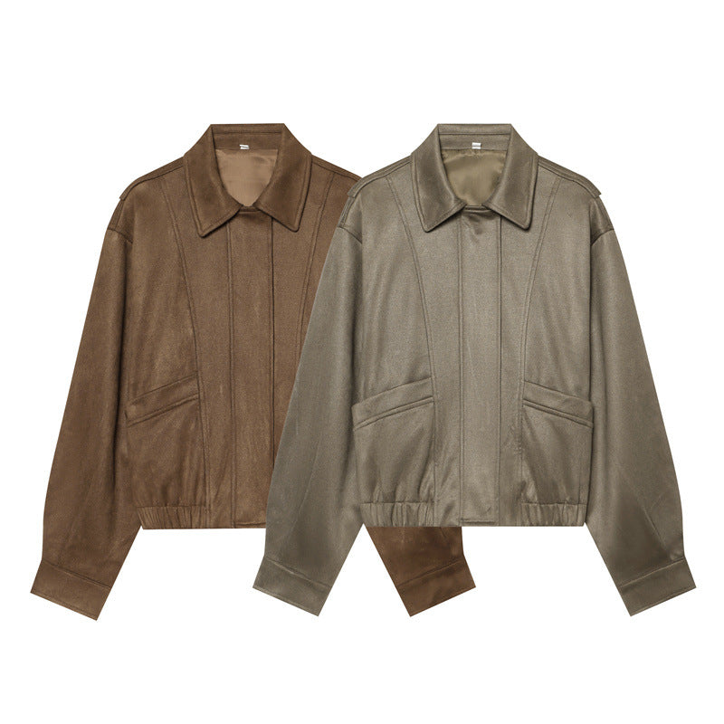 Damen kastige vegane Lederblousonjacke mit Hemdkragen, verdeckter Frontleiste und elastischem Saum – Célinea