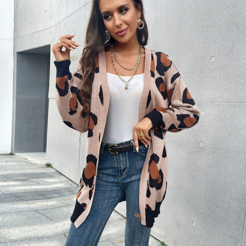 Damen Longline Cardigan im Leo-Jacquard mit offener Front und Rippbündchen – Veloura