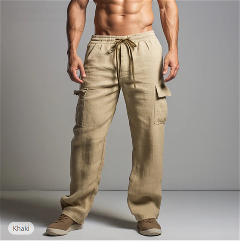Herren leichte Leinen Cargohose mit elastischem Bund und großen Seitentaschen – Bravaro