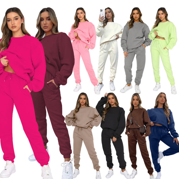 Damen zweiteiliges Cozy-Loungewear-Set mit Oversize-Rundhals und hochgeschnittener Jogginghose mit Kordelzug – Élanora