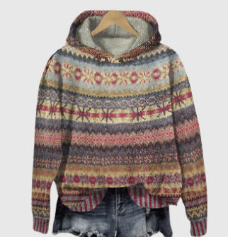 Damen nan oversized Strickkapuzenpullover mit Norwegermuster, gefütterter Kapuze und gerippten Bündchen Echo Archiv