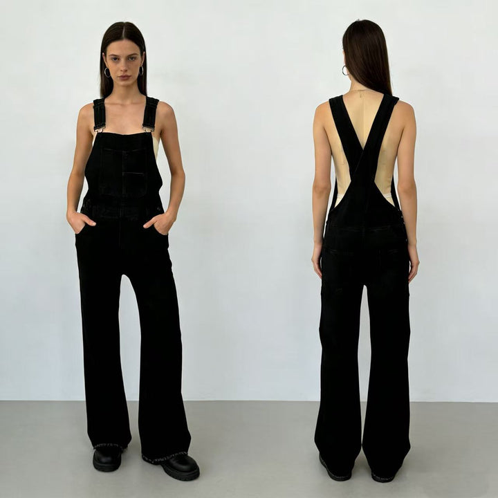 Damen nan weiche Denim-Latzhose mit weitem Bein, verstellbaren Trägern und Pattentasche Echo Archiv
