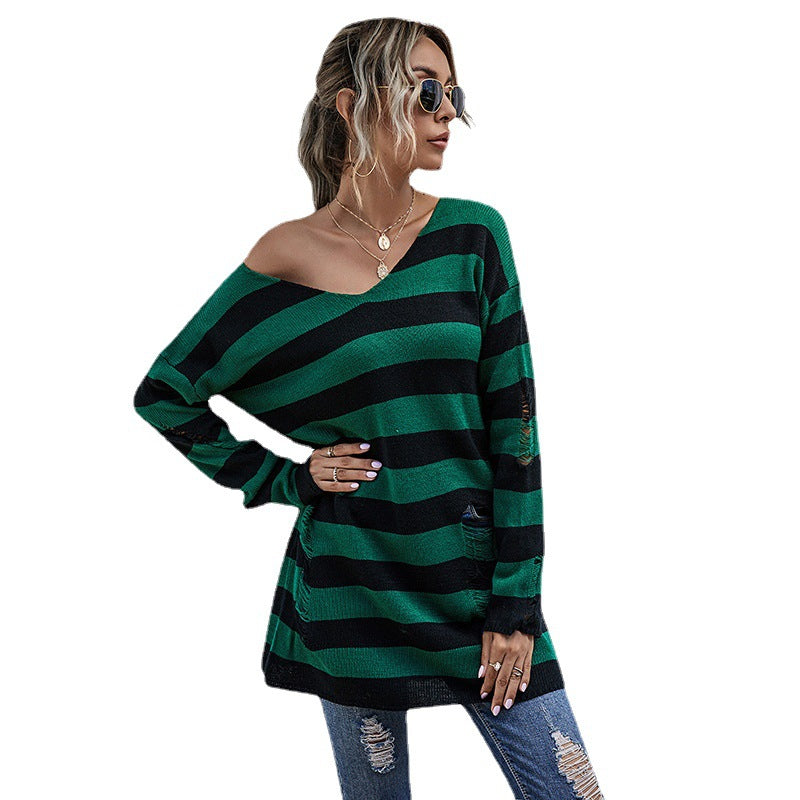 Damen Lässiger Longpullover mit V‑Ausschnitt, Grobstrickstreifen und Löcherdetails Echoarchiv
