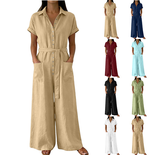 Damen Hemdblusen-Jumpsuit mit weitem Bein, Aufgesetzten Taschen und Bindegürtel – Élovi
