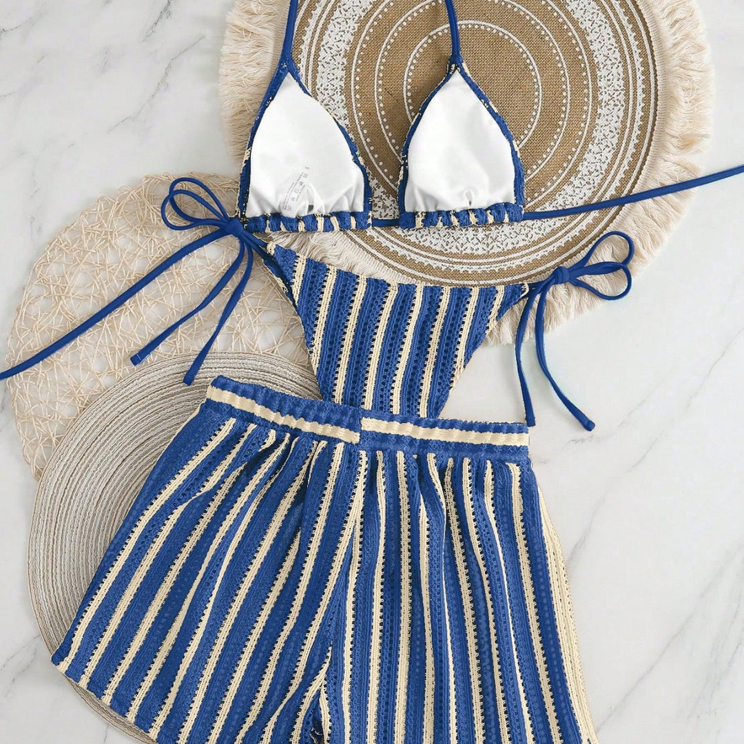 Damen Bikini-Set mit gerafftem Oberteil und hoch taillierten Shorts Echo Archiv
