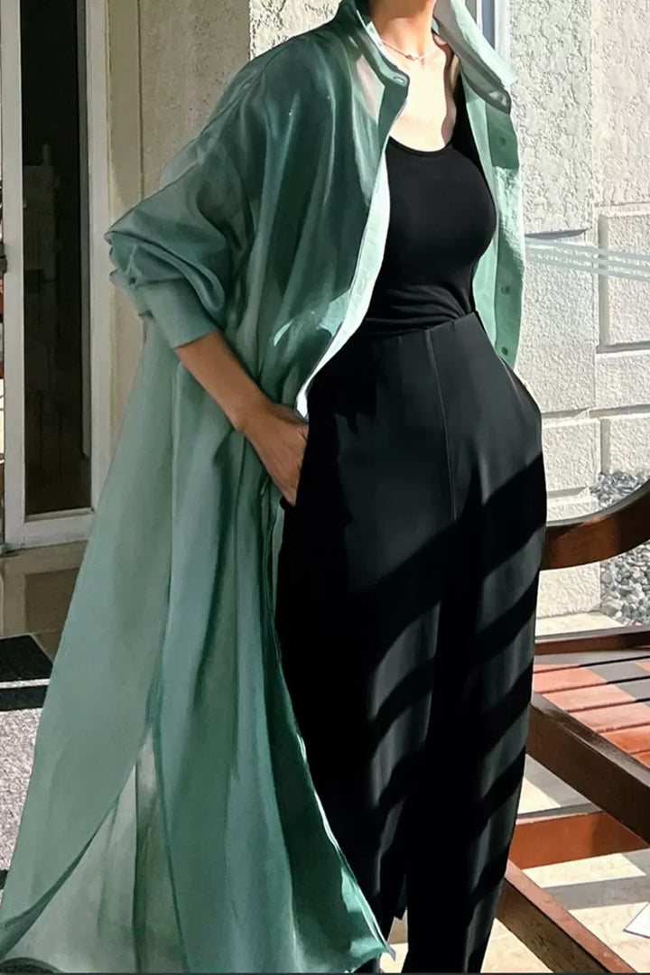 Damen Oversize Hemdblusen-Mantel mit Brusttasche, Seitenschlitz und fließender Leinenoptik – Maréline