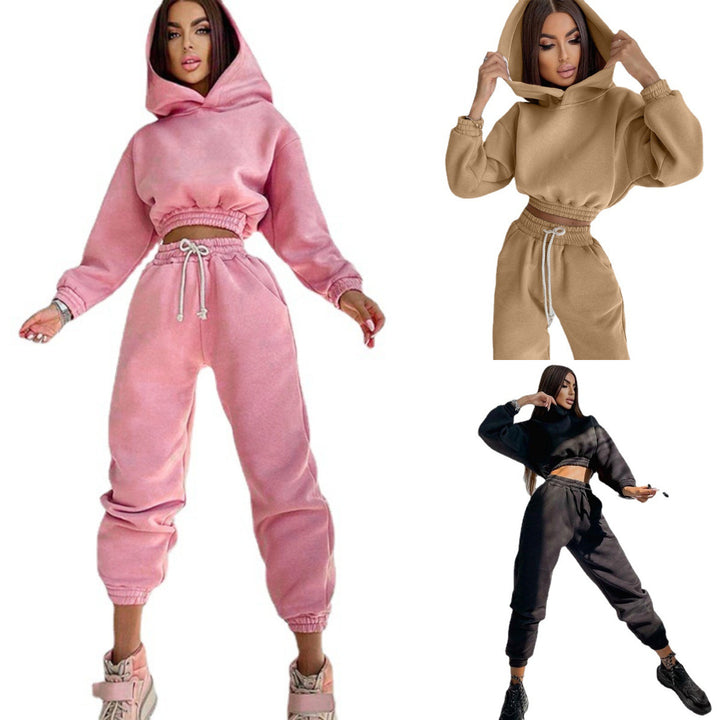 Damen nan Cropped-Hoodie-Loungewear-Set mit elastischem Rippbund, hoher Taillen-Jogginghose und dekorativem Kordelzug Echo Archiv