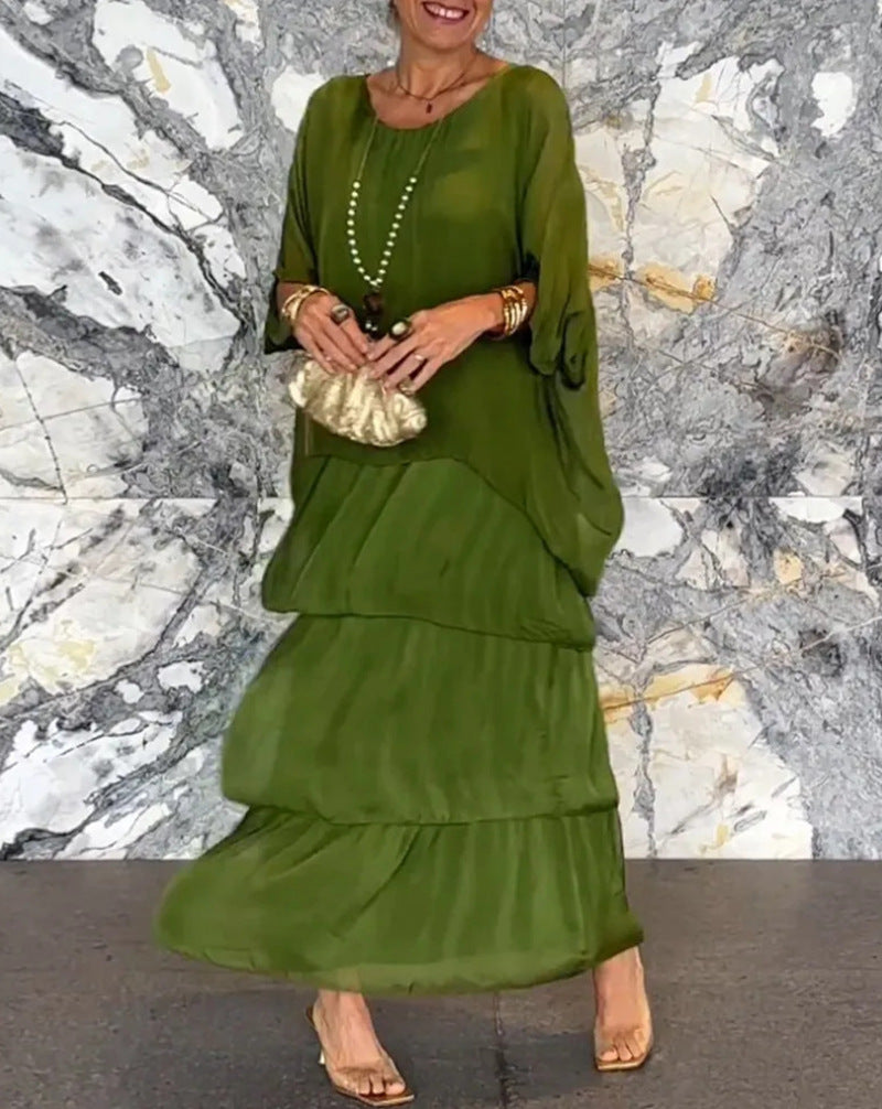 Damen nan mehrlagiges Stufenmaxikleid mit weitem Fledermausoberteil und stufigem Volantrock Echo Archiv