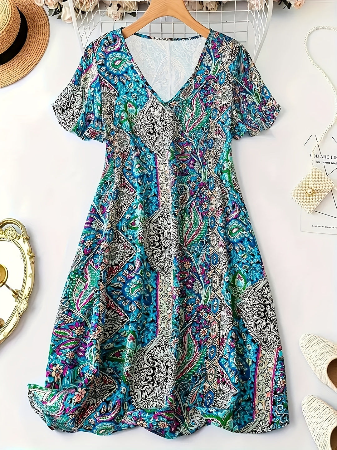 Damen Maxikleid mit V-Ausschnitt und buntem Paisleymuster Echo Archiv