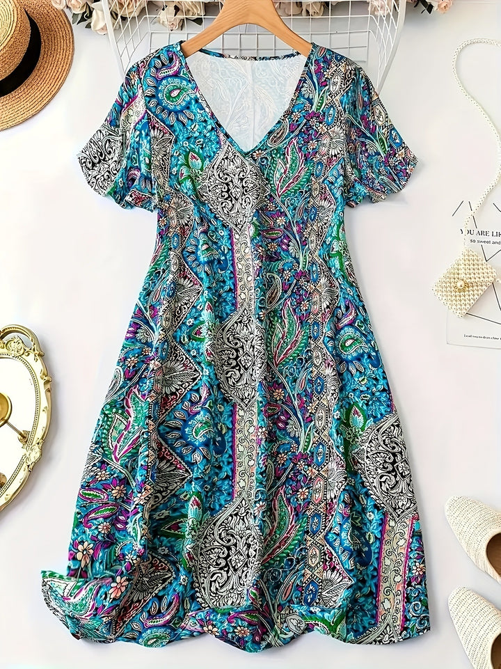 Damen Maxikleid mit V-Ausschnitt und buntem Paisleymuster Echo Archiv