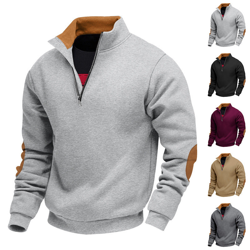 Herren Sportlicher Stehkragenpullover mit Reißverschluss und Lederakzenten Echoarchiv