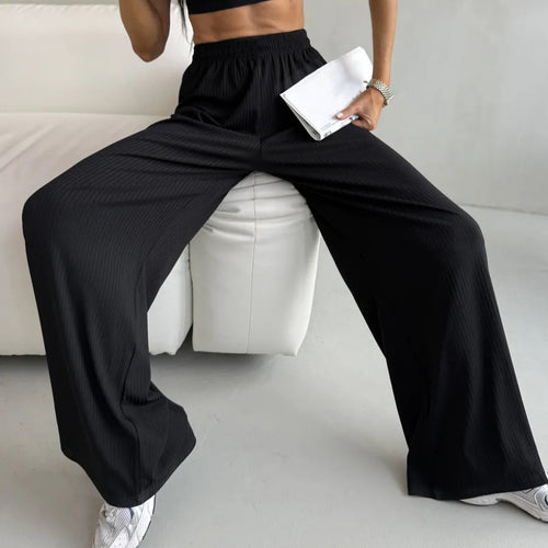 Damen weite High-Waist Palazzo-Hose aus geripptem Jersey mit elastischem Bund – Avélisse