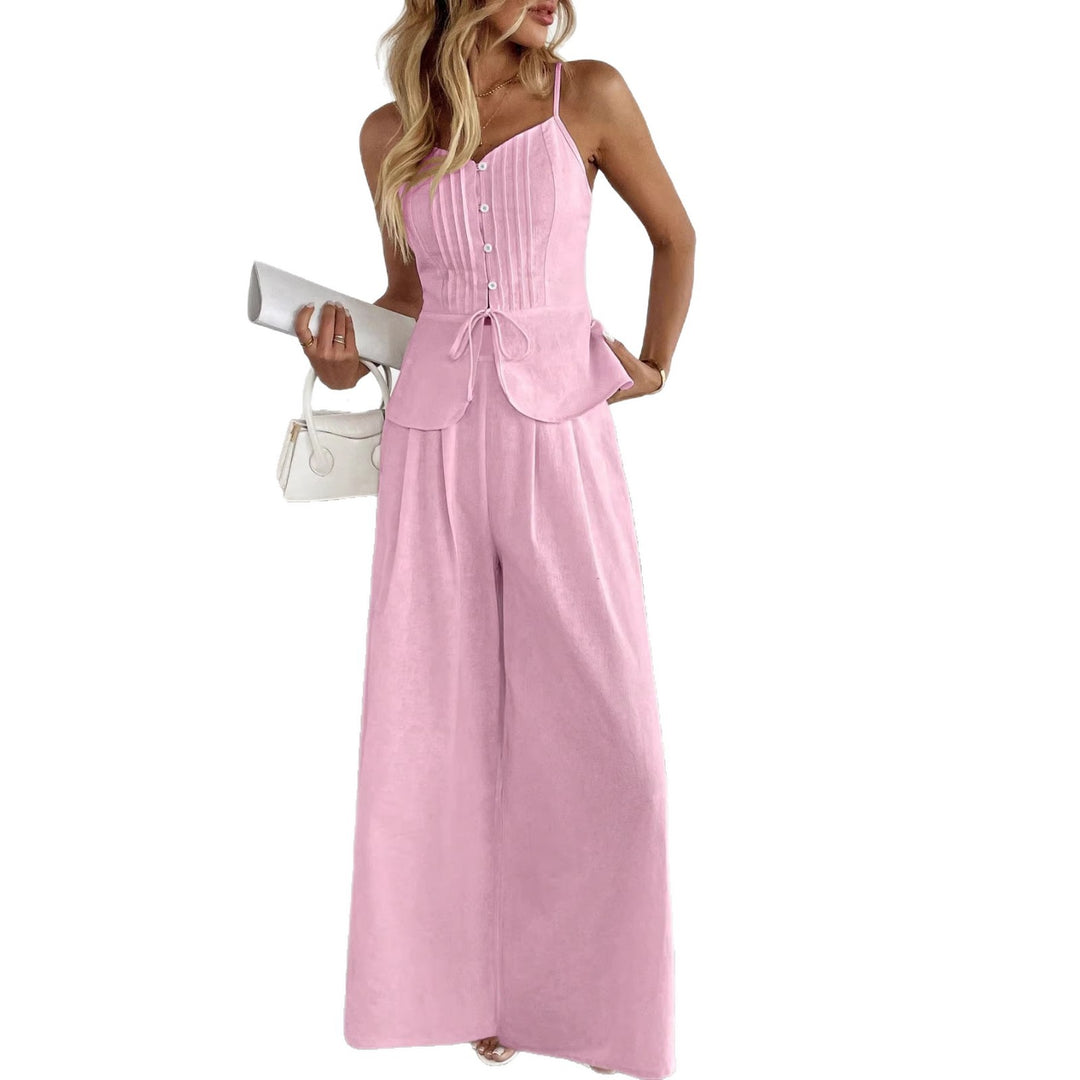 Damen Zweiteiliges Leinen-Set mit korsettartigem Taillentop, Schößchen und weiter Palazzohose – Élanora