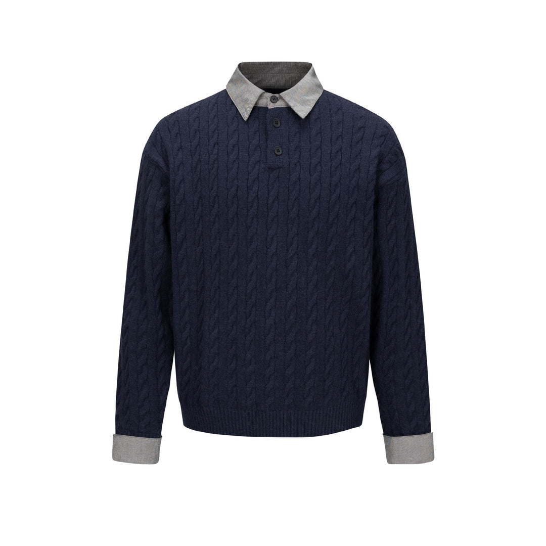 Herren Strukturierter Strickpullover mit integriertem Hemdkragen und Dreiknopf‑Leiste Echoarchiv